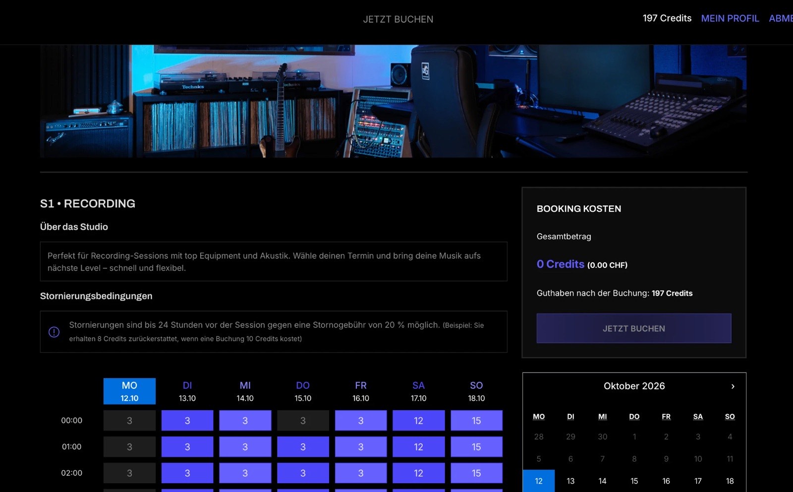 IZSOGOOD booking tool: book studio slots with credits